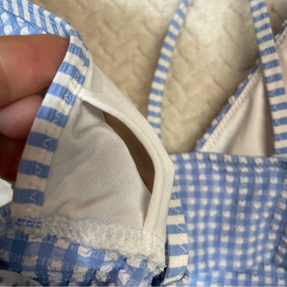 Aerie Pale Blue Gingham Triangle Bikini Top Ruffle Sleeves Women Size Medium - Picture 7 of 7